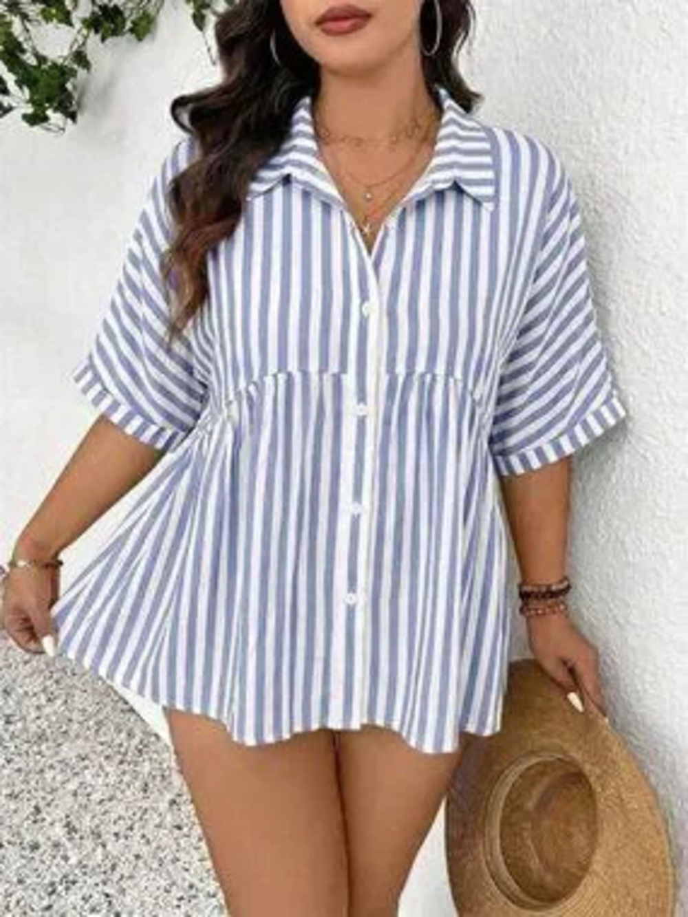 Blue Casual womens Striped Print Button Down Short Sleeve Top